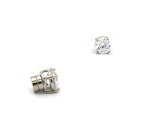 9mm Round Cut Clear Cubic Zirconia 4-Prong Magnetic Stud Earrings in Silver-Tone CZRM-R9
