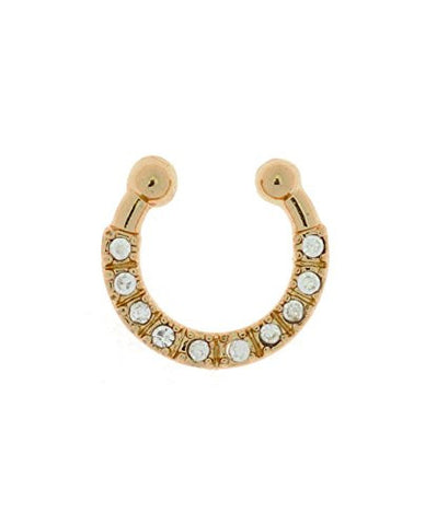 Single Loop Stone Stud Non-Pierced Septum Hanger Nose Hoop Ring in Gold-Tone
