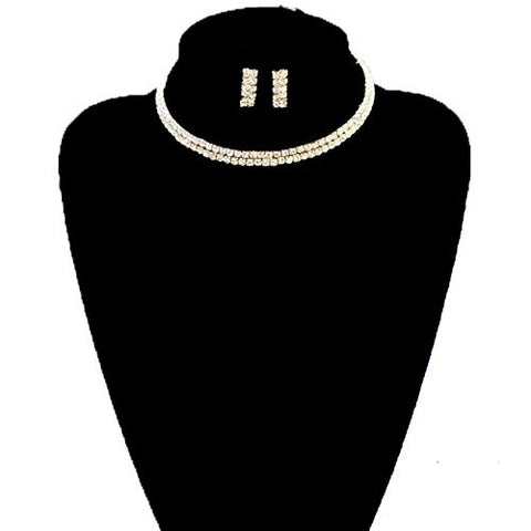 Clear 2 Row Elastic Flexing Rhinestone Choker Necklace and Earrings Jewelry Set