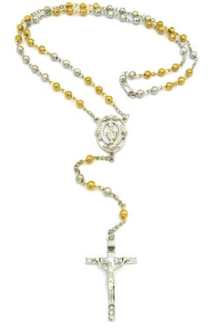Oval St. Mary and Pave Crucifix Jesus Cross Pendant 36" Rosary Bead Necklace - Two Tone