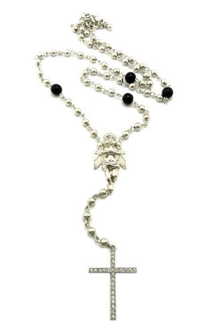 Silver Tone Rhinestone Cross Cherub Charm 6mm 30" Rosary Necklace RC2R