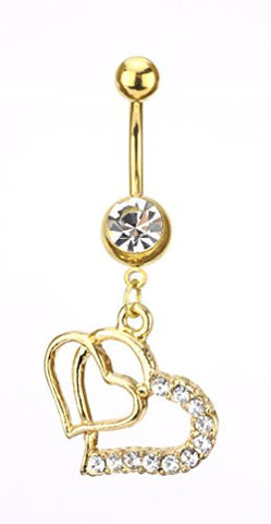 Clear Stone Double Heart Charm Surgical Steel Belly Ring in Gold-Tone