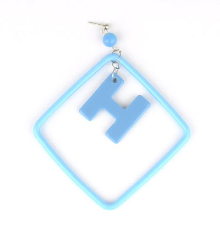 Initial Letter H Dangling Charm Blue Acrylic Drop Earrings