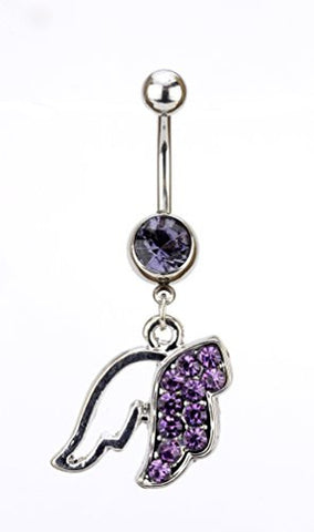 Purple Stone Pave Angel Wing Charm Surgical Steel Belly Ring in Silver-Tone