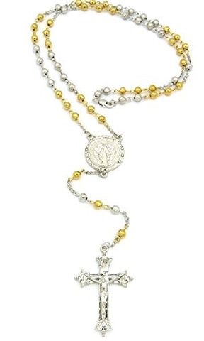 Pave Round St. Mary and Passion Jesus Cross Pendant 36" Rosary Bead Necklace - Two Tone