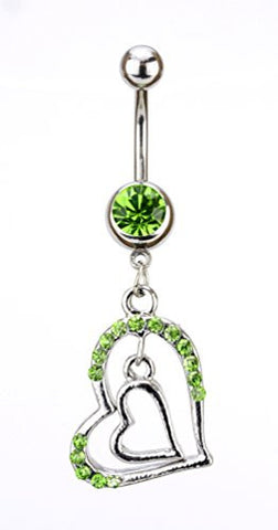 Dangling Green Stone Double Heart Charm Surgical Steel Belly Ring in Silver-Tone