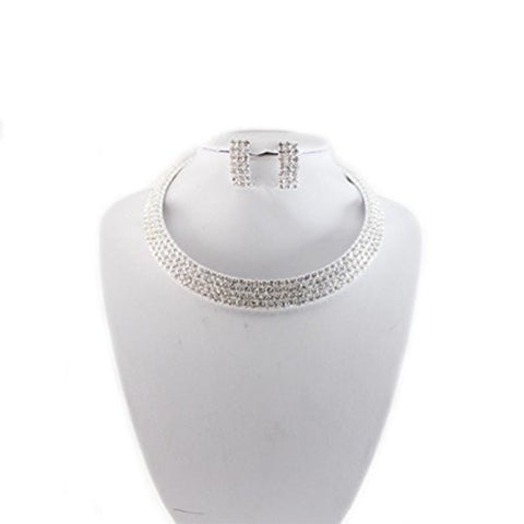 Clear 4 Row Elastic Flexing Rhinestone Choker Necklace and Earrings Jewelry Set