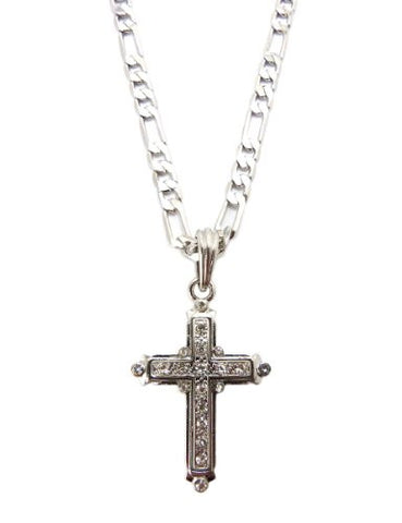 Gold Tone Rhinestone Cross Pendant w/ 5mm 24" Figaro Chain MSP047R