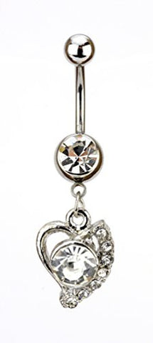 Clear Rhinestone Stud Heart Charm Surgical Steel Belly Ring in Silver-Tone