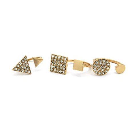 Rhinestone Studded Triangle, Square, Circle Midi Rings in Gold-Tone