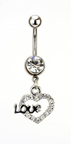 Clear Rhinestone Love Heart Charm Surgical Steel Belly Ring in Silver-Tone