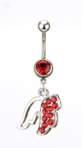 Red Stone Pave Angel Wing Charm Surgical Steel Belly Ring in Silver-Tone