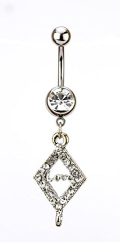 Clear Stone Pave Love Inscription Diamond Shape Charm Surgical Steel Belly Ring in Silver-Tone