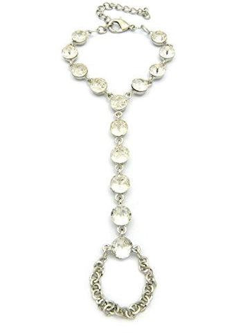 Elegant Rhinestone Link Chain Bracelet Ring Hand Jewelry in Silver-Tone