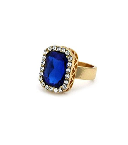 Rhinestone Studded Faux Sapphire Stone Pendant Hip Hop Fashion Ring Size 8 in Gold-Tone