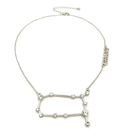 Gemini Zodiac Sign Rhinestone Horoscope Pendant 2mm 16" + Extension Necklace in Silver-Tone