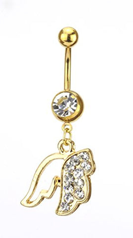 Clear Stone Pave Angel Wing Charm Surgical Steel Belly Ring in Gold-Tone