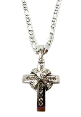 Iced Out Silver Tone Cross Pendant w/ 24" Figaro Chain Necklace MSP202R
