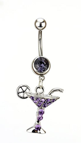 Purple Stone Cocktail Charm Surgical Steel Belly Ring in Silver-Tone