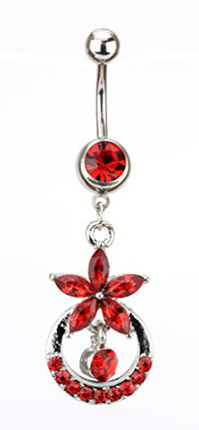 Red Stone Flower Bell Charm Surgical Steel Belly Ring in Silver-Tone