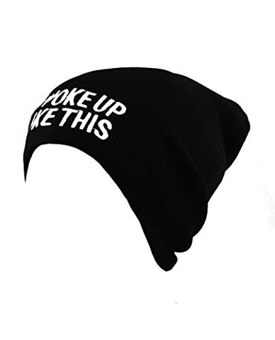 I Woke Up Like This Patched Logo Unisex Black Slouch Warm Knit Beanie Hat