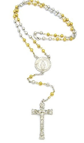 Pave Round St. Mary and Royal Jesus Cross Pendant 36" Rosary Bead Necklace - Two Tone