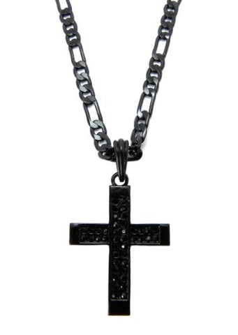 Jet Black Thin Cross Pendant w/ 5mm 24" Figaro Chain Necklace MSP208BP