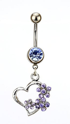 Blue Lavender Stone Flower Heart Charm Surgical Steel Belly Ring in Silver-Tone