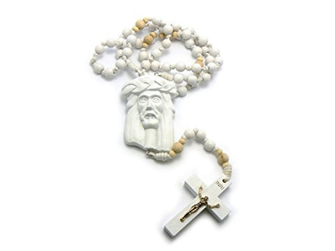 Jesus Face and Crucifix Cross Pendant Wood Rosary Necklace