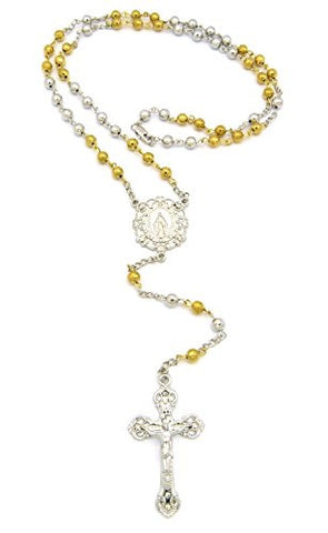 Filigree St. Mary Charm and Gothic Jesus Cross Pendant 36" Rosary Bead Necklace - Two Tone