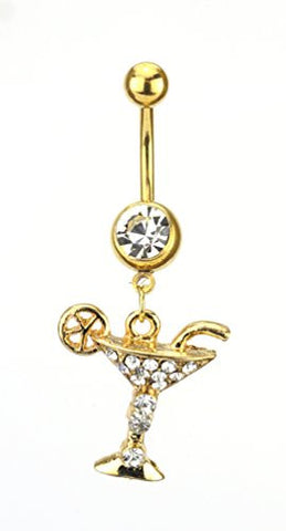 Clear Stone Cocktail Charm Surgical Steel Belly Ring in Gold-Tone