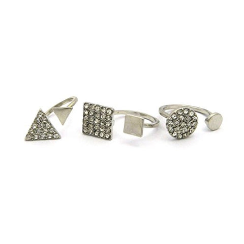 Rhinestone Studded Triangle, Square, Circle Midi Rings in Silver-Tone