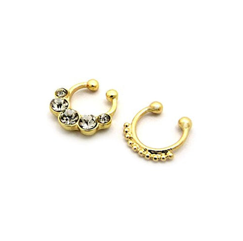 Stone Studded & Plain Non-Pierced Nose Hoop Ring in Gold-Tone