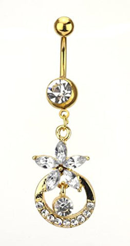 Clear Stone Flower Bell Charm Surgical Steel Belly Ring in Gold-Tone