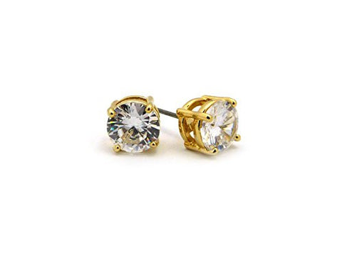 9mm Round Cut Clear Cubic Zirconia 4-Prong Stud Earrings in Gold-Tone CZR-G9