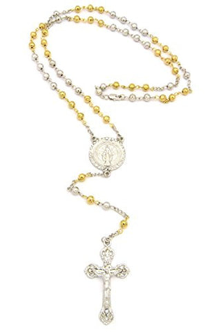 Pave Round St. Mary Charm and Gothic Crucifix Jesus Cross Pendant 36" Rosary Bead Necklace
