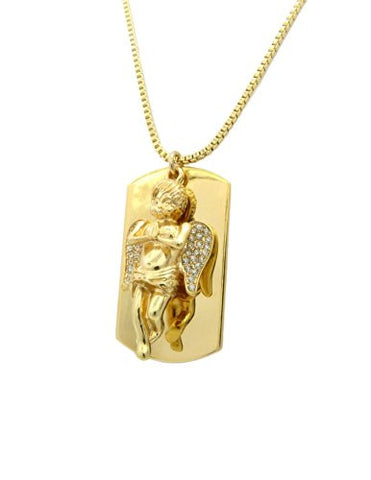 Dog Tag Pendant w/ Paved Cherub Angel Piece & 30" Box Chain - Gold Tone RC338G