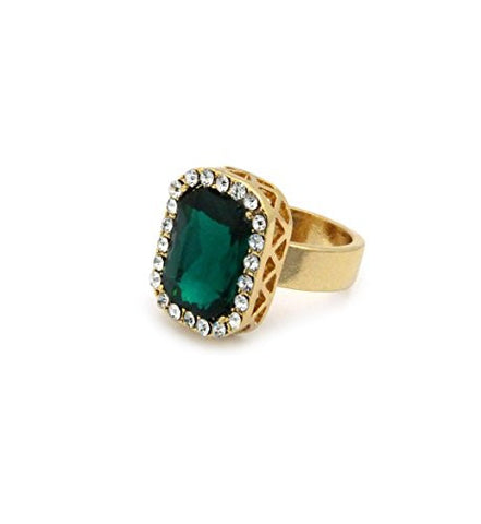 Rhinestone Studded Faux Emerald Stone Pendant Hip Hop Fashion Ring Size 10 in Gold-Tone