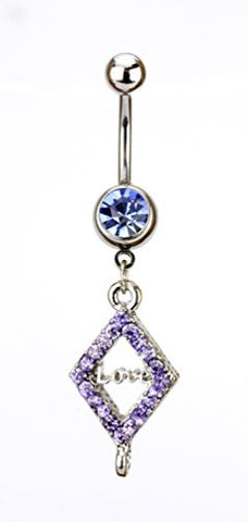 Blue Lavender Stone Love Inscription Diamond Shape Charm Surgical Steel Belly Ring in Silver-Tone