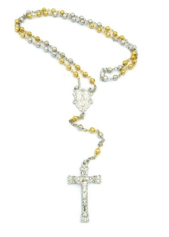 Royal St. Mary Charm and Crucifix Jesus Cross Pendant 36" Rosary Bead Necklace - Two Tone