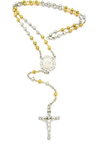Filigree St. Mary and Ripple Crucifix Jesus Cross Pendant 36" Rosary Bead Necklace - Two-Tone