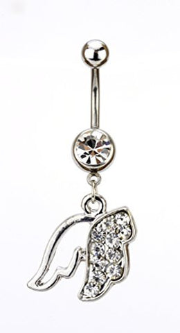 Clear Stone Pave Angel Wing Charm Surgical Steel Belly Ring in Silver-Tone
