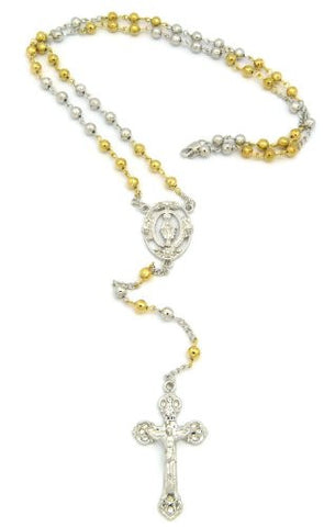Oval St. Mary and Gothic Jesus Cross 36" Rosary Bead Necklace - Two Tone