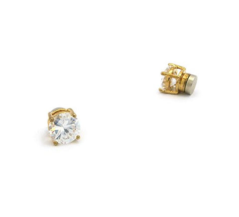 9mm Round Cut Clear Cubic Zirconia 4-Prong Magnetic Stud Earrings in Gold-Tone CZRM-G9