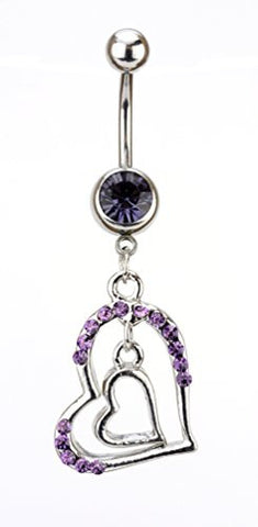Dangling Red Stone Double Heart Charm Surgical Steel Belly Ring in Silver-Tone