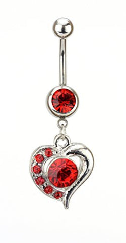 Red Stone Heart Charm Surgical Steel Belly Ring in Silver-Tone