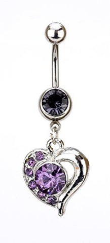 Purple Stone Heart Charm Surgical Steel Belly Ring in Silver-Tone