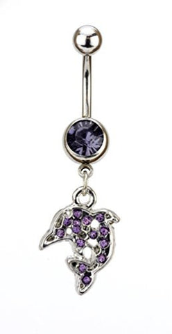 Purple Rhinestone Dolphin Charm Surgical Steel Belly Ring in Silver-Tone