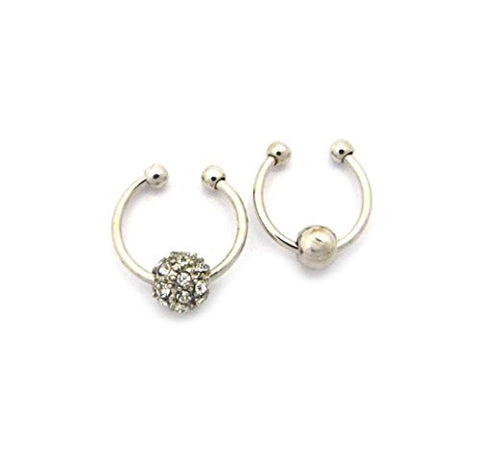 Stone Stud Ball Cluster & Plain Ball Non-Pierced Nose Hoop Rings in Silver-Tone