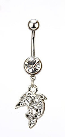 Clear Rhinestone Dolphin Charm Surgical Steel Belly Ring in Silver-Tone